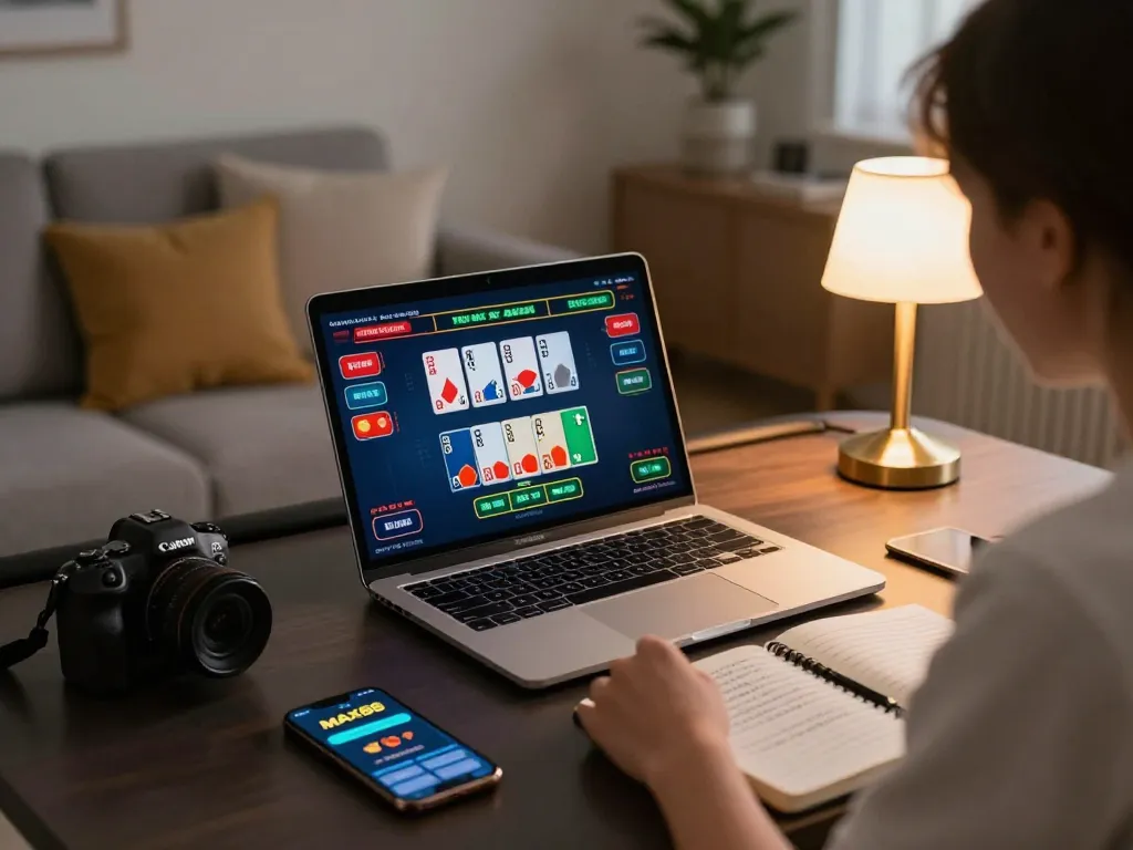 Player engaging with the MAX88 online casino app in a cozy home gaming setup.