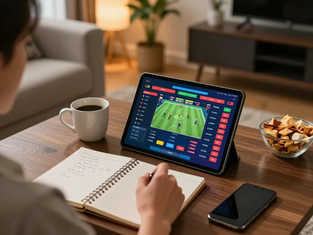 Player analyzing sports bets on a tablet at home, showcasing the safe environment of nhà cái 78win for online gambling.
