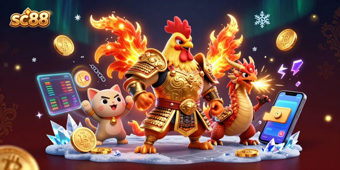 Engage with sc88's dynamic cockfighting scene showcasing a warrior rooster and dragon.