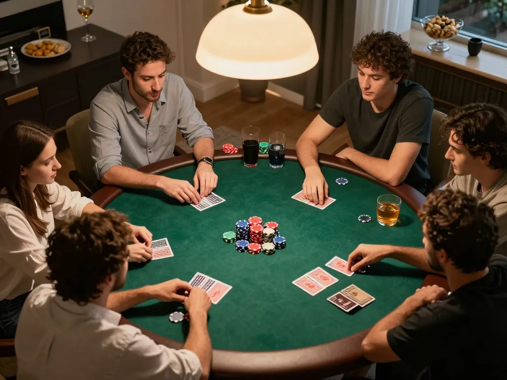 Uk88 poker night with friends engaging in friendly competition, highlighting cards and chips on the table.