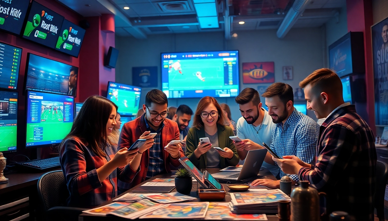 Exciting scene showcasing trang cá cược bóng đá with diverse bettors engaging in live sports betting.