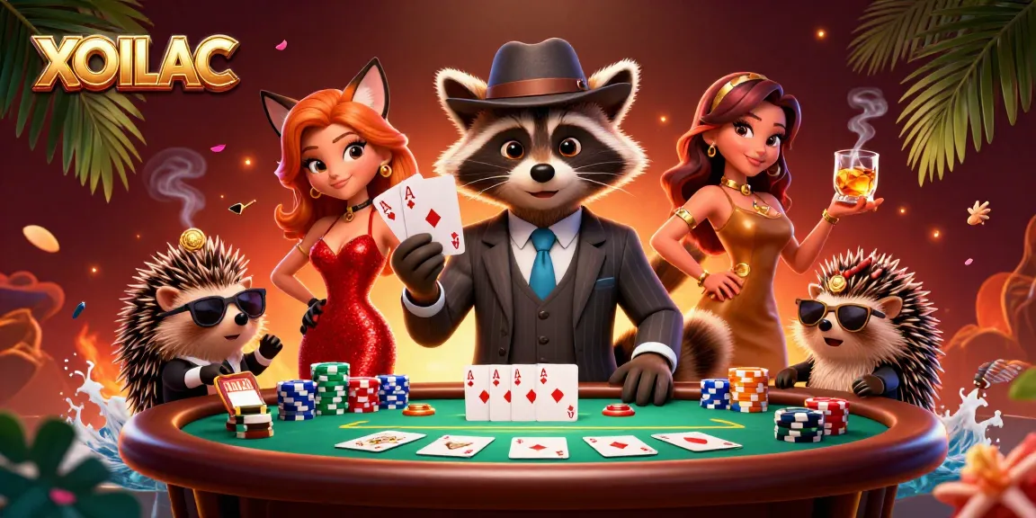 Experience the thrill of winning at XOILAC with a colorful casino scene featuring poker excitement, vibrant characters, and dynamic action.