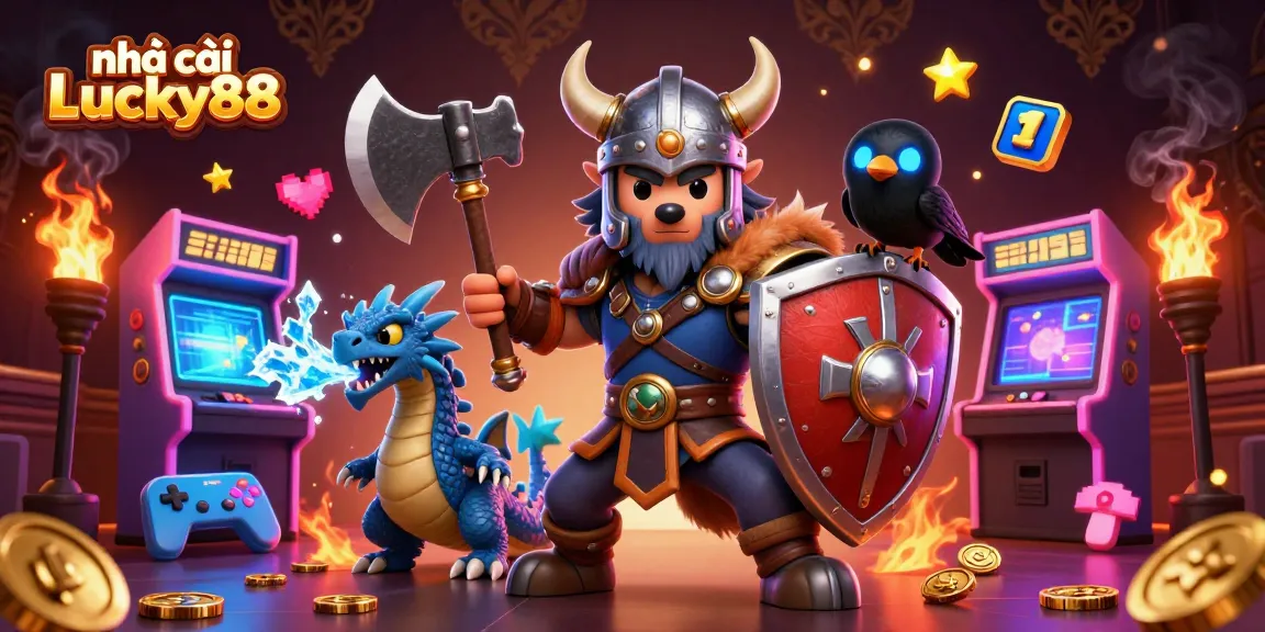 Engage with nhà cái Lucky88 through a vibrant 3D casino scene featuring action-packed characters and gaming elements.