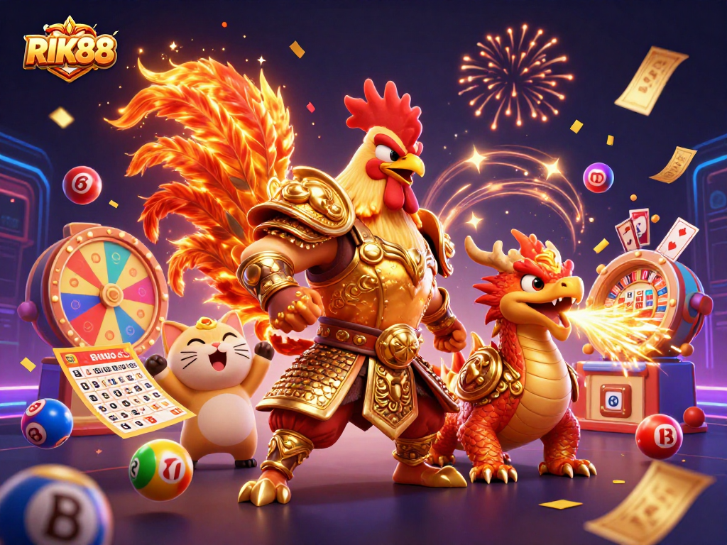 Experience thrilling action with RIK88's vibrant casino scene featuring dynamic characters and games.