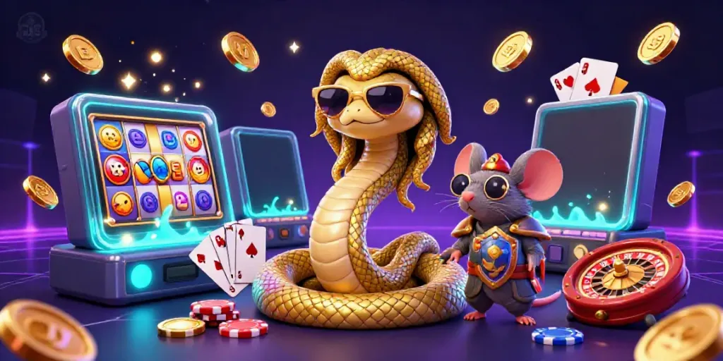 Engage in the vibrant world of u88 with Medusa and a warrior mouse amidst thrilling slot games and glowing treasures.