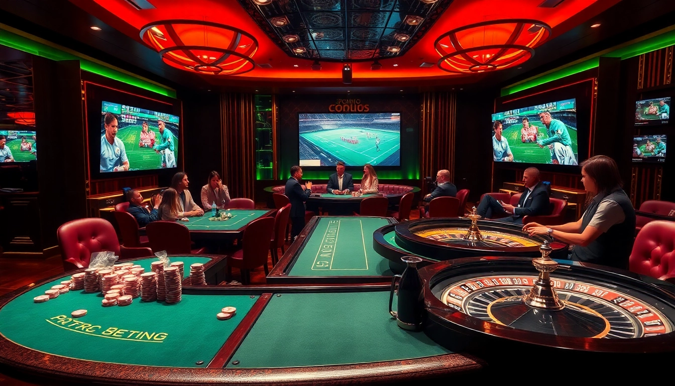 A gambler places bets in a lively casino scene inspired by xoilac.review, showcasing poker chips, roulette wheels, and real-time match highlights.