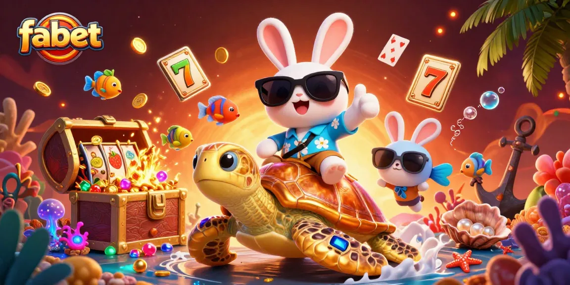 Experience the vibrant action of fabet with a lucky rabbit and golden sea turtle in a colorful casino scene.