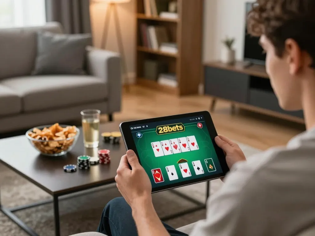 Engaging player enjoying 28bets online poker game in cozy atmosphere.