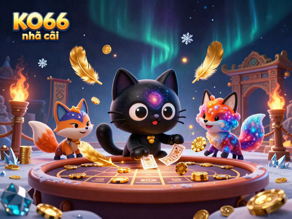 Win big at KO66 nhà cái with a captivating cosmic casino scene featuring a black hole cat and nebula fox.