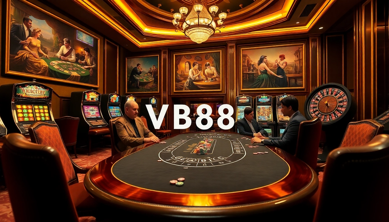Players enjoy high-stakes action at VB88-themed casino tables illuminated with luxury.