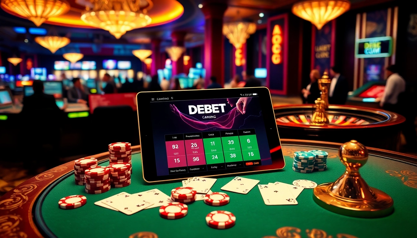Engaging in gameplay at DEBET Com with poker chips and a roulette wheel.