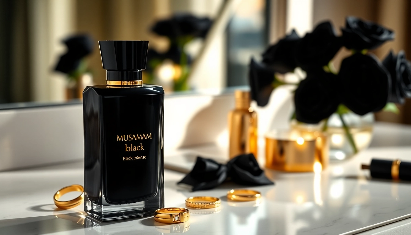 Musamam Black Intense by Lattafa, luxe parfumfles met elegante accessoires op een vanity.