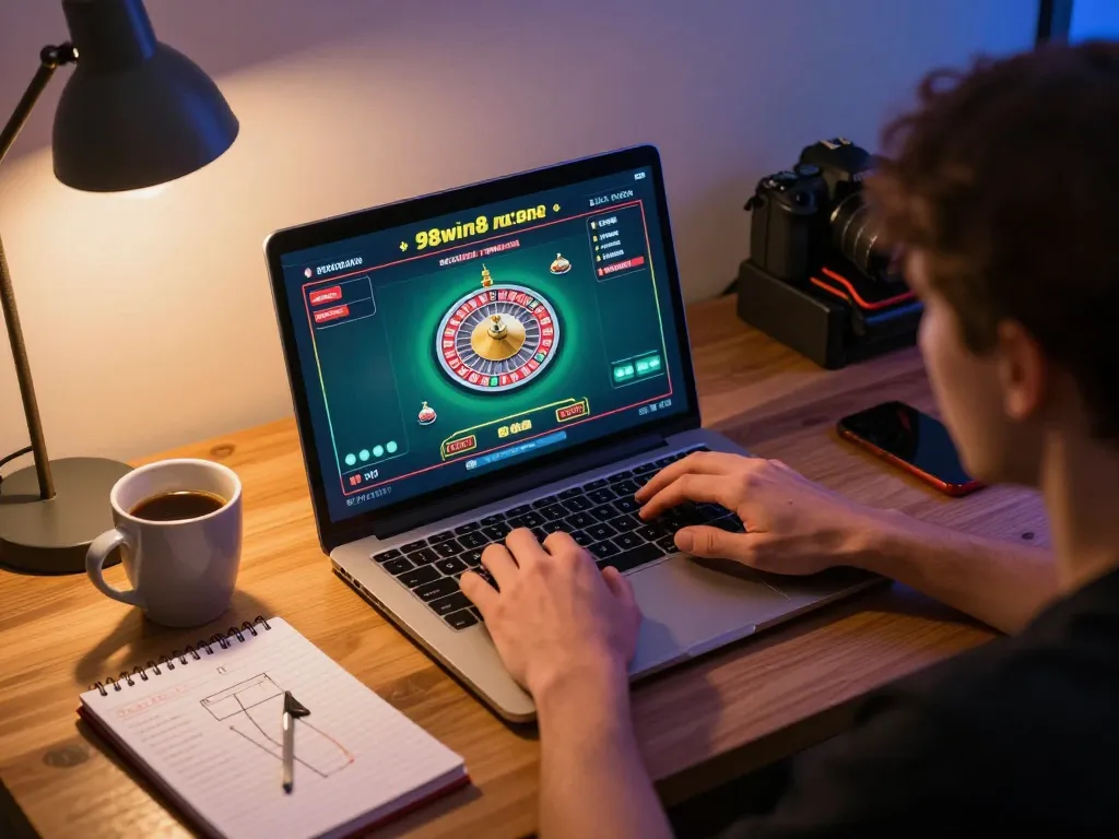 Engaged user playing live roulette online at https://98win8.co.com/, creating a thrilling gambling atmosphere.