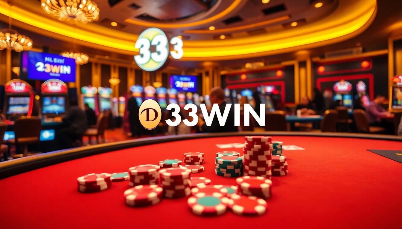 Experience the thrilling atmosphere of 33WIN casino with vibrant poker chips and a dealer.