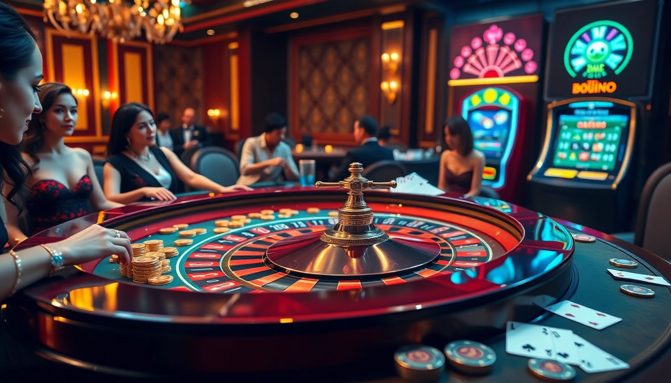 Action-packed casino scene showcasing roulette and poker, highlighting the trang chủ s8 experience for players.