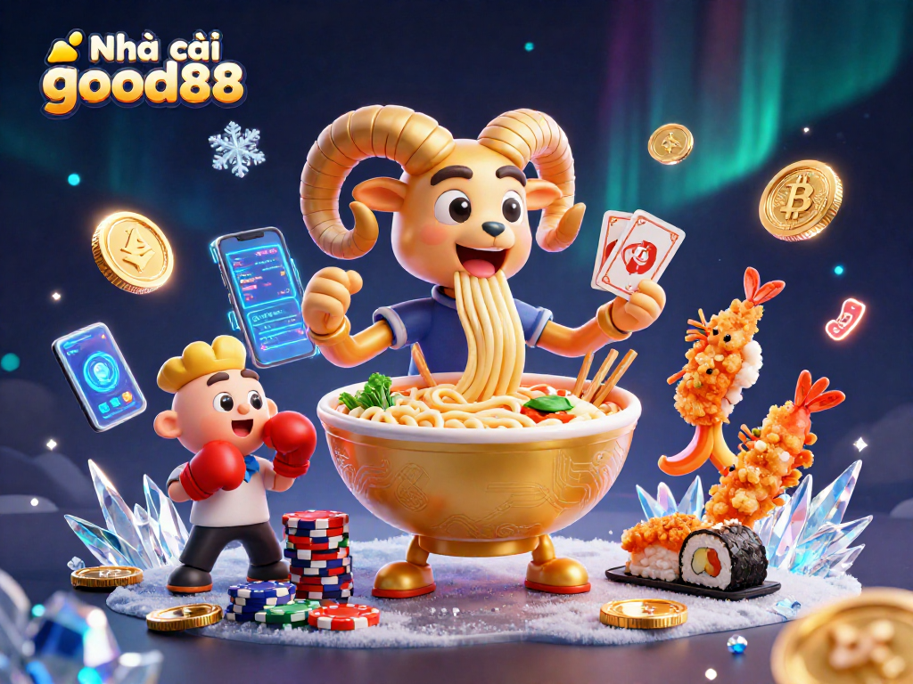 Engage with Nhà cái good88's dynamic gaming scene featuring vibrant characters, cards, and coins in a lively casino atmosphere.