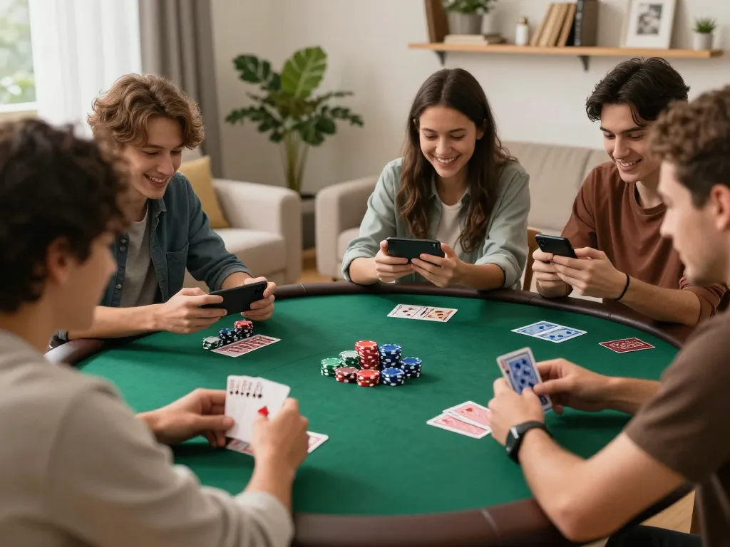 Participants playing online poker in a lively home setting, showcasing https://mm88vin.com/ and their strategies for success.