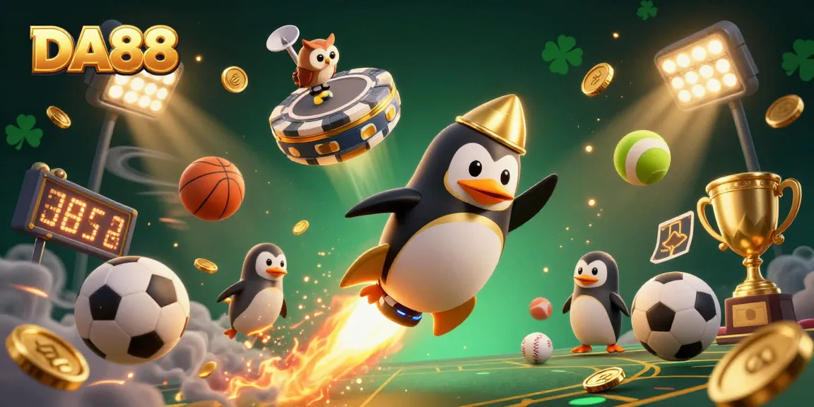 Experience excitement at DA88 with a golden penguin racing toward a poker chip casino in a vibrant digital art scene.