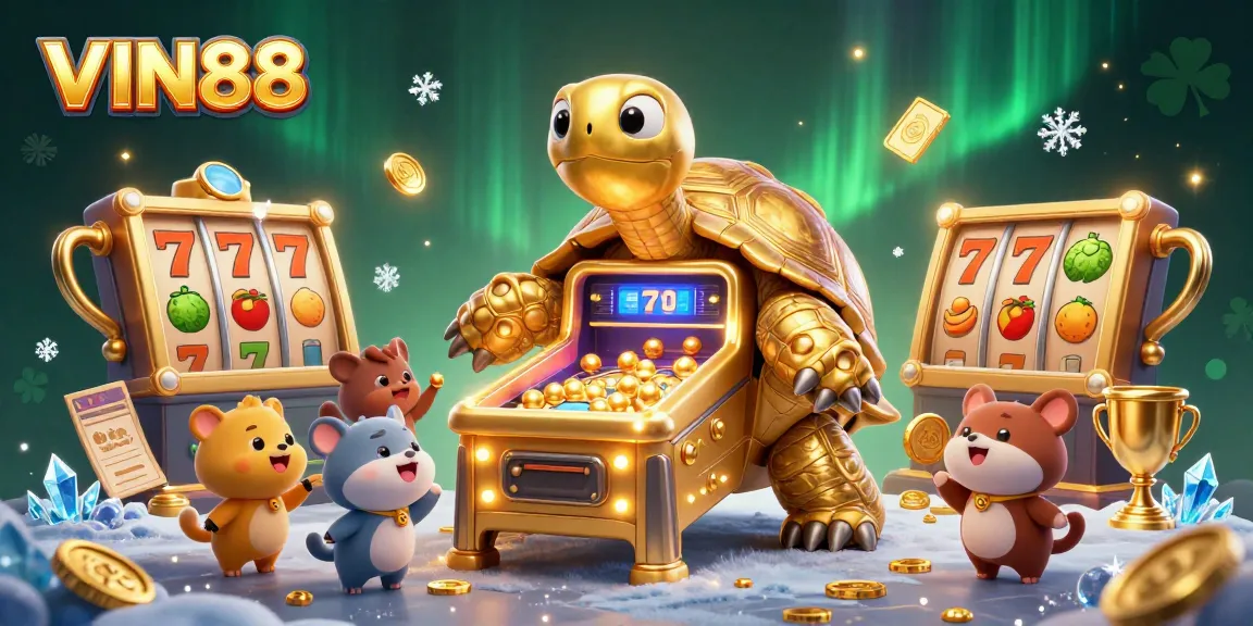 Experience the excitement of VIN88 slots with a golden tortoise and animated casino elements.
