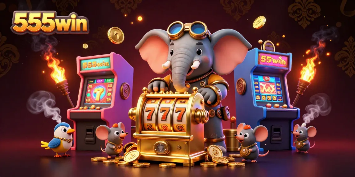 Engage with 555win's vibrant gaming action featuring a steampunk elephant operating a golden slot machine.