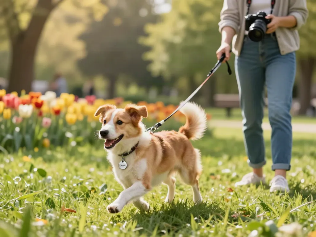 Gepersonaliseerde hondenpenning graveren met naam aan vrolijke hond in groene park.