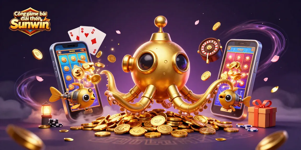 Engage with Cổng game bài đổi thưởng Sunwin in this vibrant 3D casino scene, featuring a golden kraken submarine.
