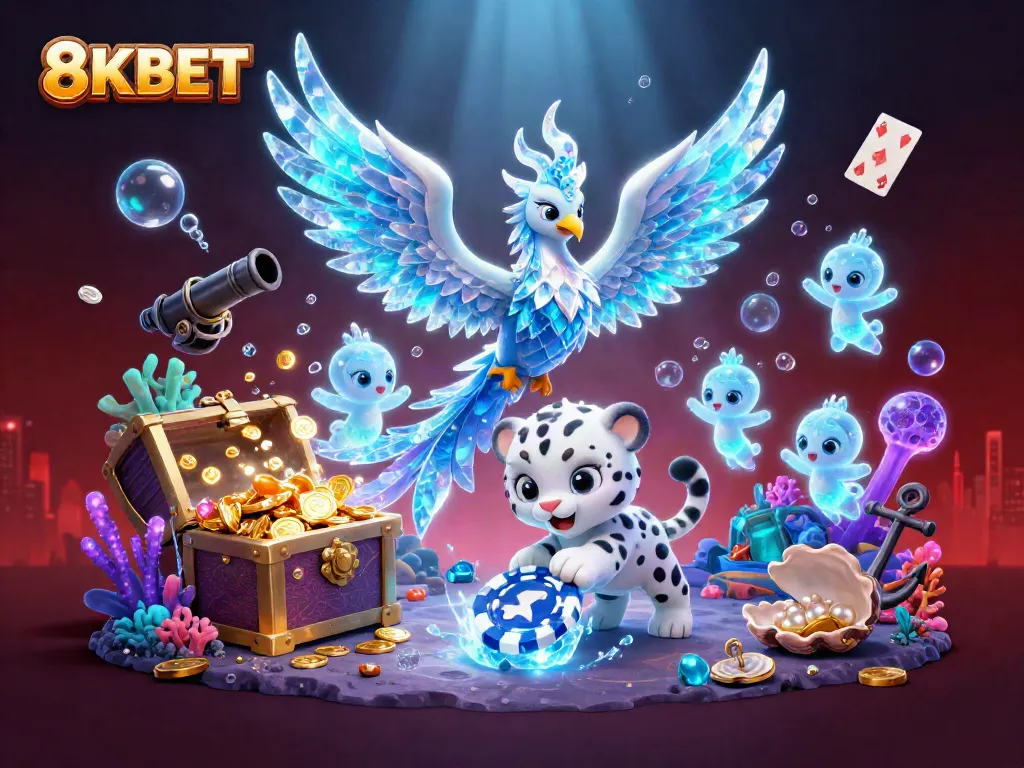 Engage with the mystical world of 8KBET, where an ice phoenix and playful snow leopard highlight thrilling gaming adventures.