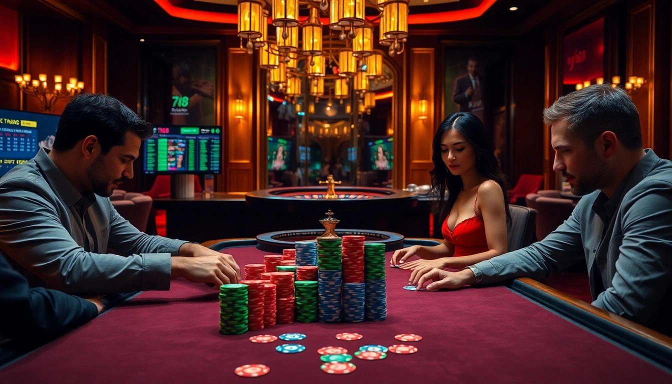 Engaged players enjoying F168 at a luxurious casino poker table highlighting live betting excitement.