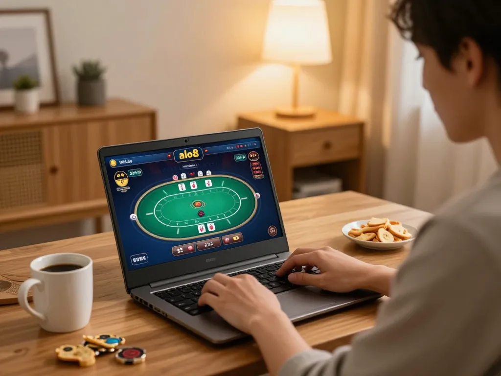 Engaging gaming experience with nhà cái alo8 on laptop, cozy home ambiance enhancing online gambling.