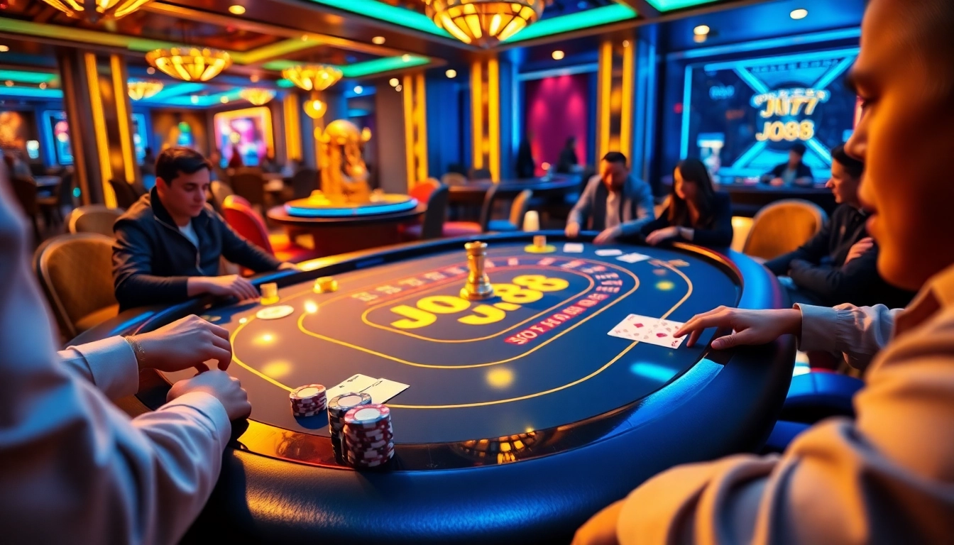 Exciting J88 casino gaming table experience with poker chips and cards.