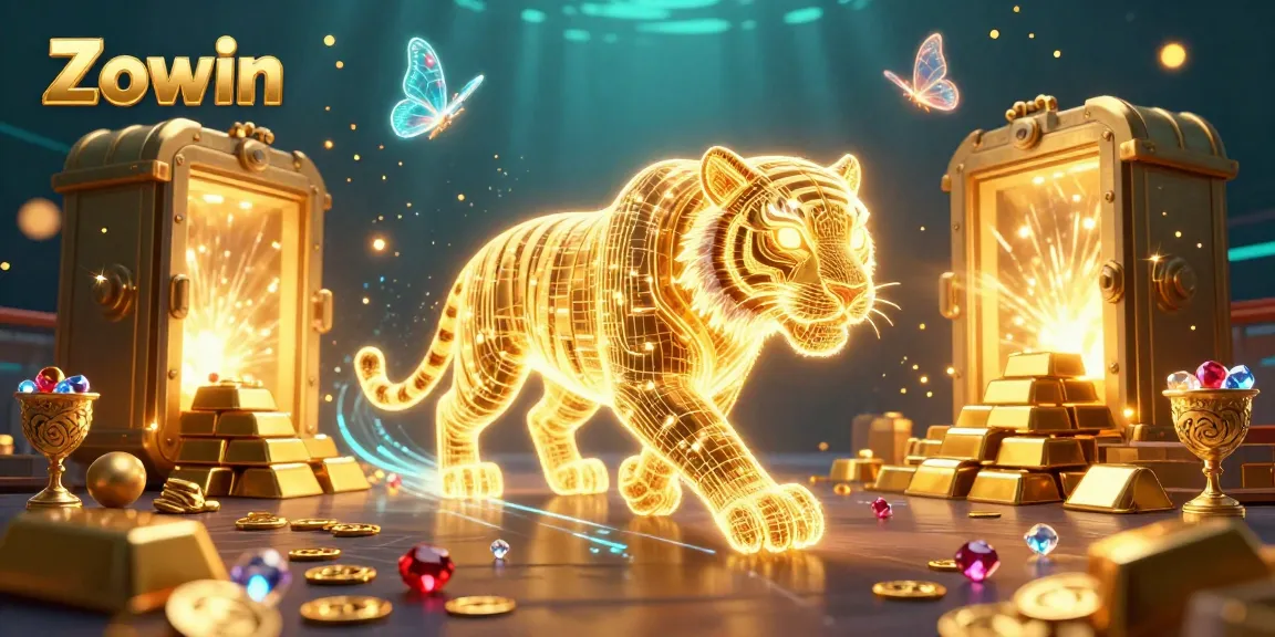 Zowin invites players to experience an electrifying digital casino with a golden tiger and treasures.