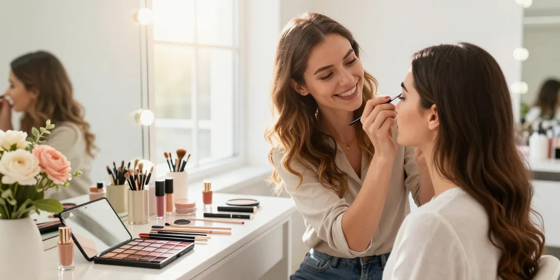 Permanente make-up wenkbrauwen applicatie in een beautystudio, die een blije schoonheidsroutine toont.