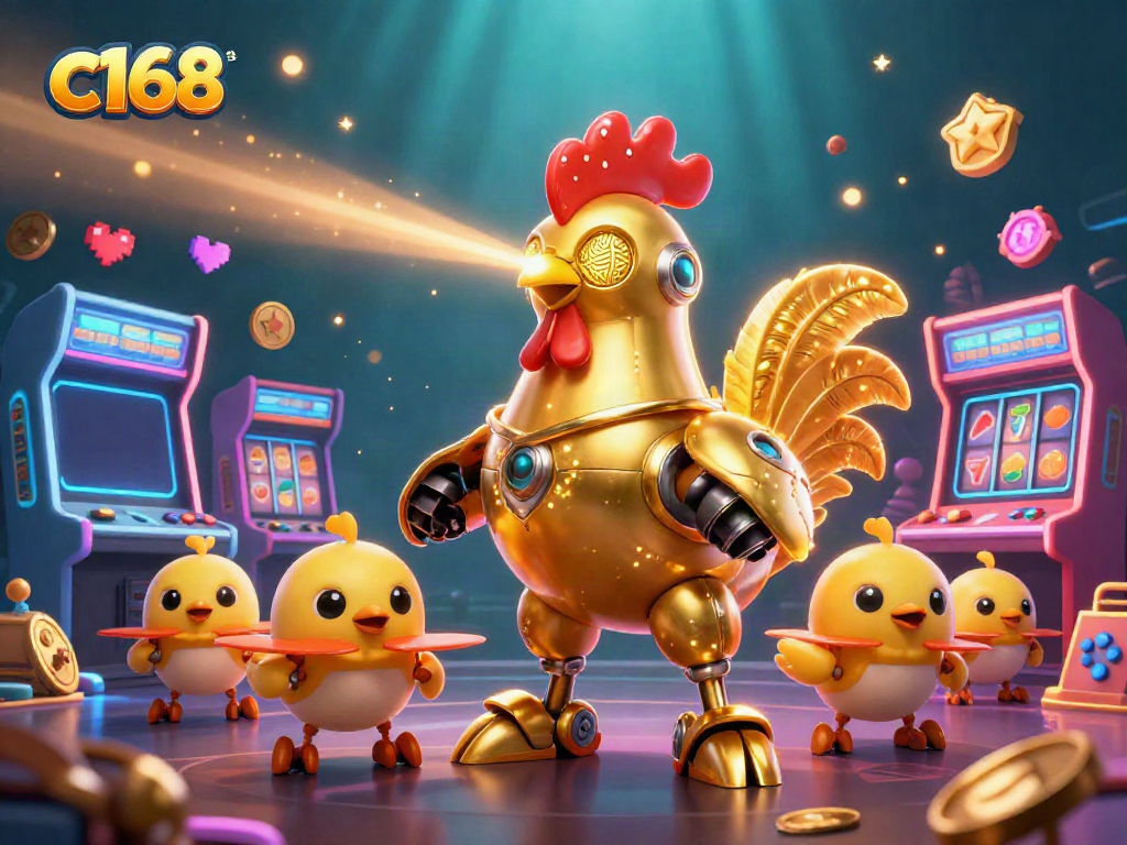 Engage with c168's gaming excitement featuring a golden rooster robot in a vibrant casino scene