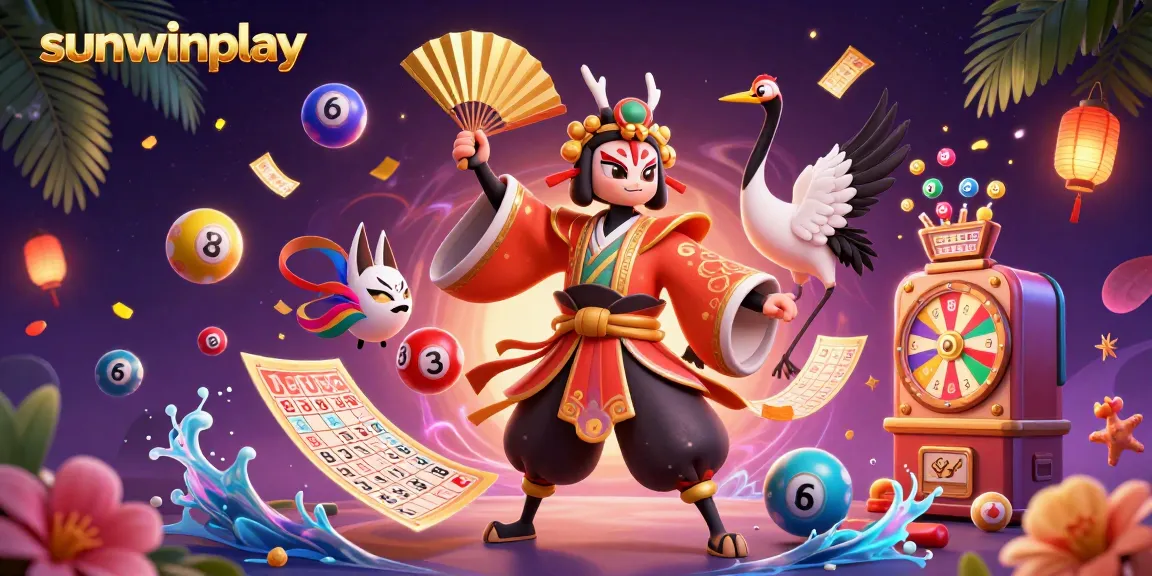 Engage with sunwinplay's lively gaming atmosphere featuring a kabuki warrior and colorful lottery elements.