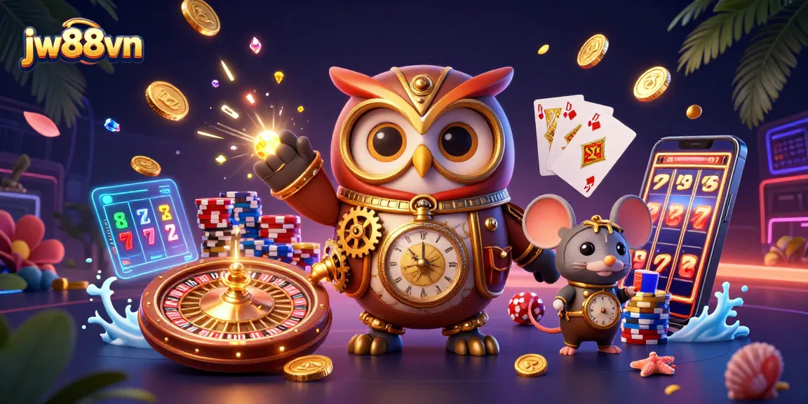 Experience thrilling gaming at jw88vn with vibrant casino elements and characters in a rich, 3D environment.