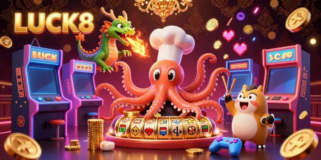 LUCK8 invites players to discover vibrant gaming action with cartoon characters amid shimmering gold coins in this lively online casino.