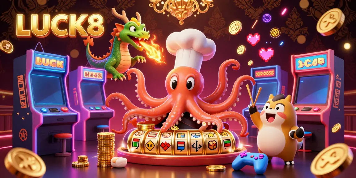 LUCK8 invites players to discover vibrant gaming action with cartoon characters amid shimmering gold coins in this lively online casino.