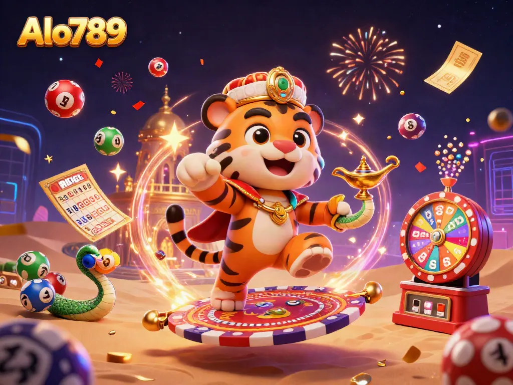 Alo789 engages players with exciting lottery dynamics amidst vibrant casino elements and a majestic golden palace.