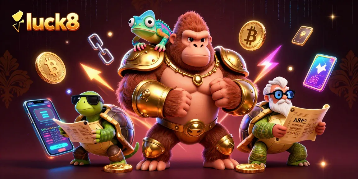 Engage with luck8 in this vibrant cartoon scene of a gorilla king and companions showcasing a thrilling gambling experience.