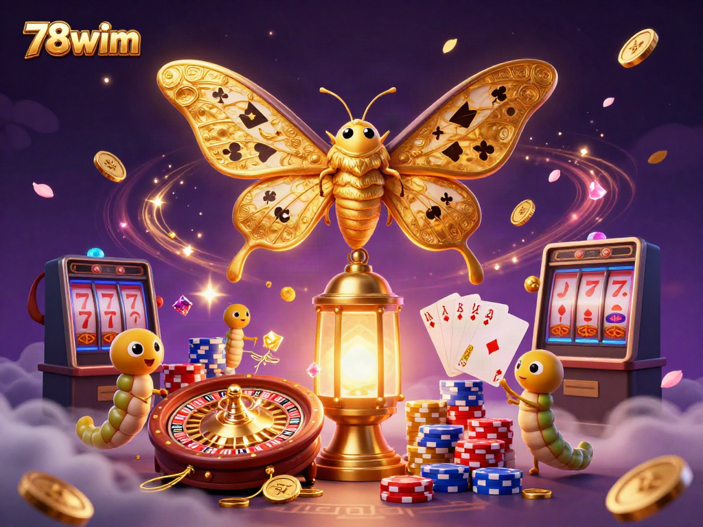 Experience the vibrant world of 78wim with golden moths and casino elements radiating excitement.