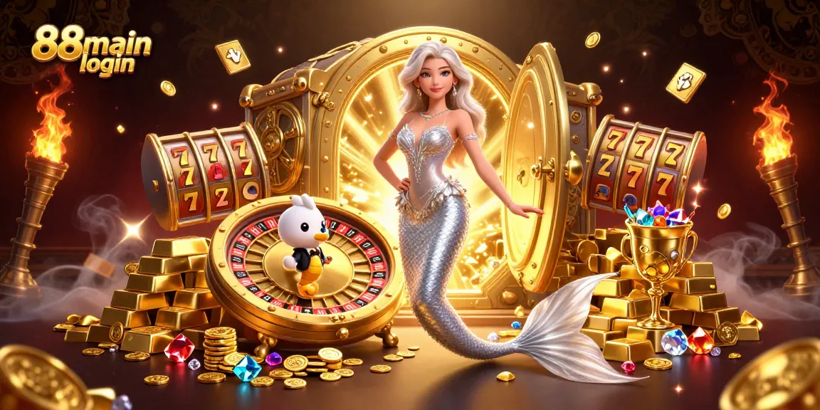 Rasakan sensasi login 88main dalam sebuah adegan dinamis dengan karakter glamor di samping roda roulette emas dan harta berkilau.