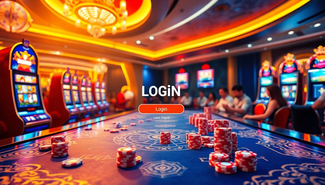 Rajaluck Login process depicted in a luxurious casino setting with vibrant colors and engaging gaming elements.