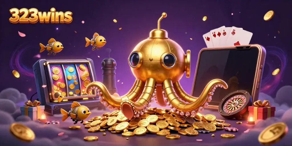 Engage in thrilling gaming at 323wins with a vibrant 3D illustration showcasing dynamic casino elements.