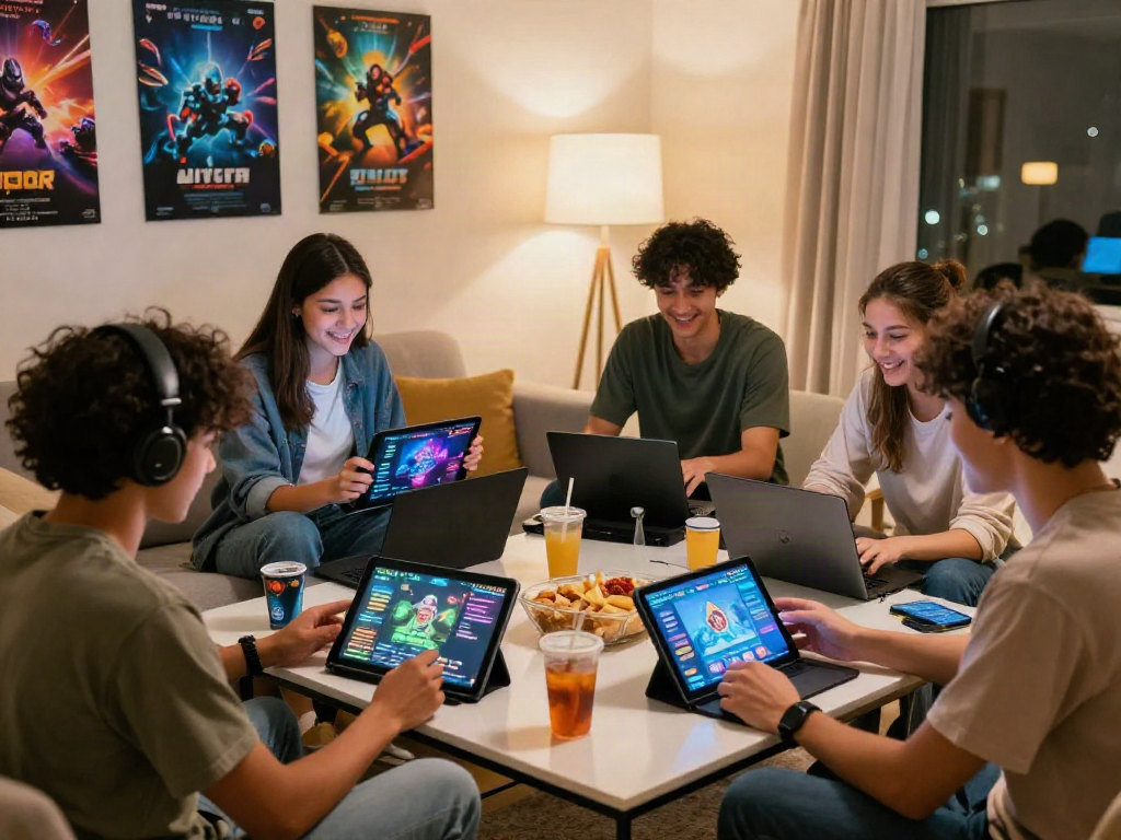 Friends playing ROKOK88 slot games together in a cozy, engaging indoor setting.
