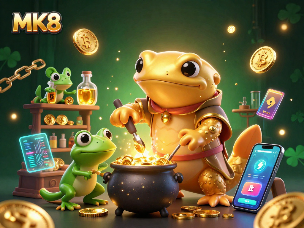 Win big with MK8 in a bustling casino scene, showcasing golden alchemists and vibrant digital elements.