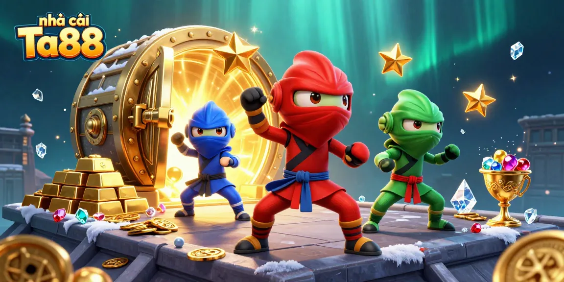 Experience excitement with nhà cái Ta88 as chameleon ninjas battle surrounded by treasures.