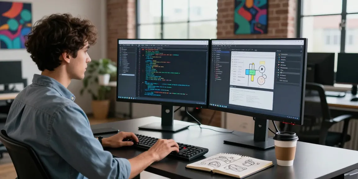 Build internal tools with AI in a modern tech workspace featuring dual monitors, coding interface, and a developer engaged in tool creation.