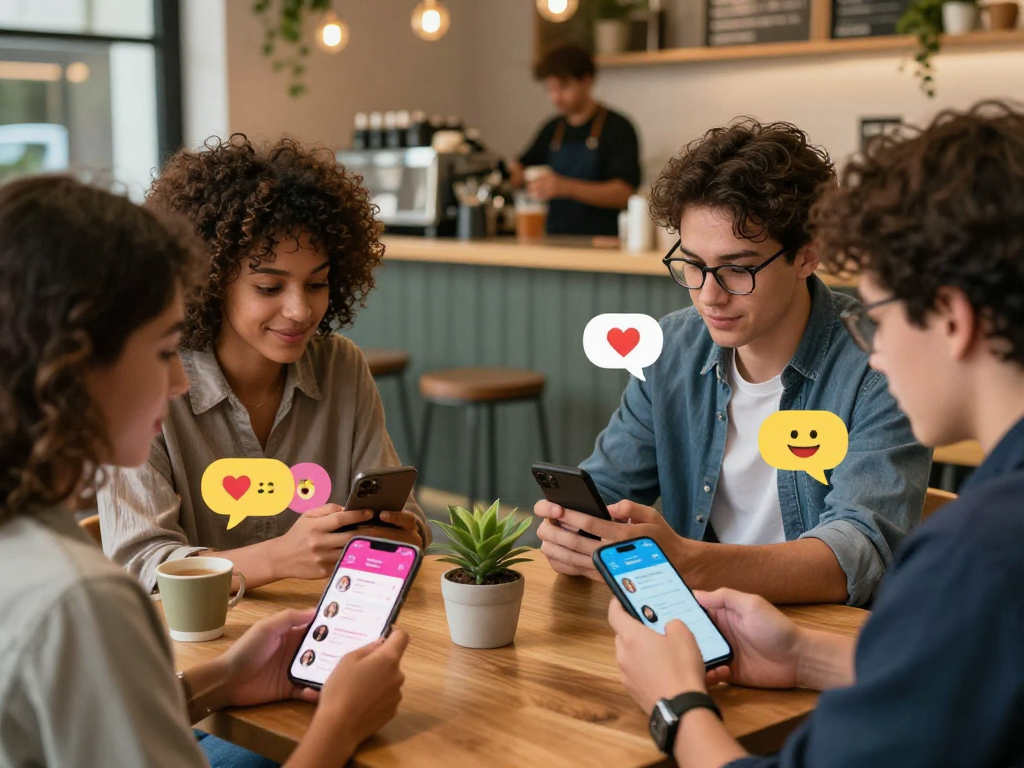 Young adults using f168 com dating app in a cozy café setting.