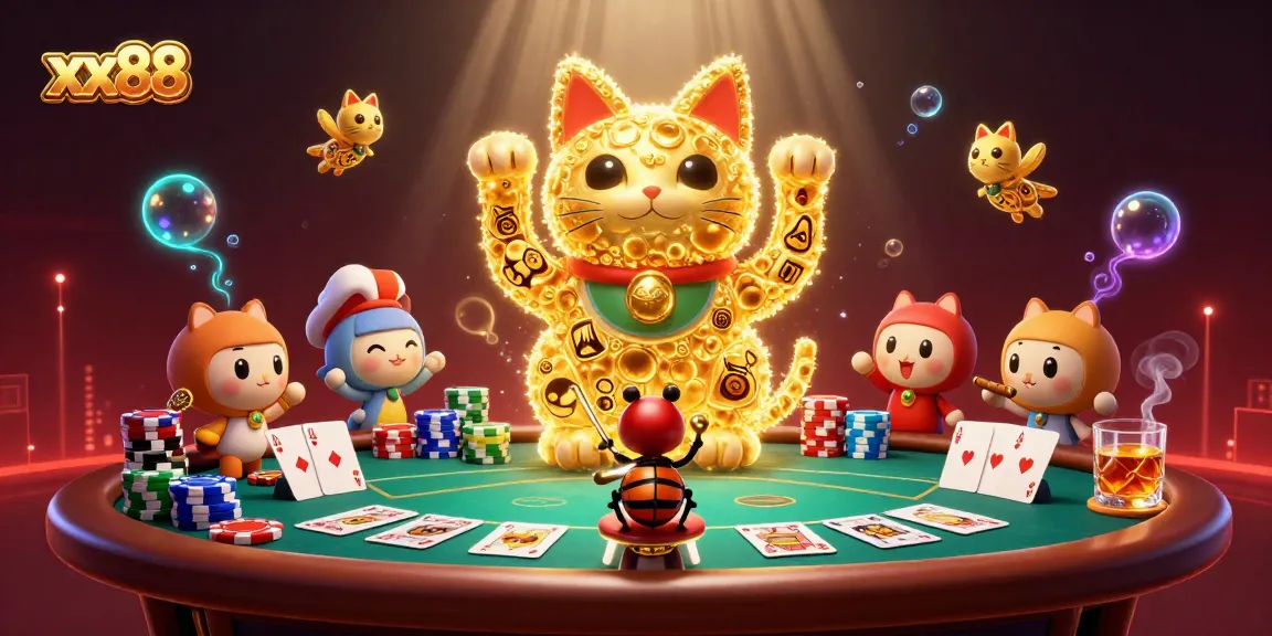Experience the thrill of xx88 casino with vibrant golden fireflies and poker elements in this enchanting scene.