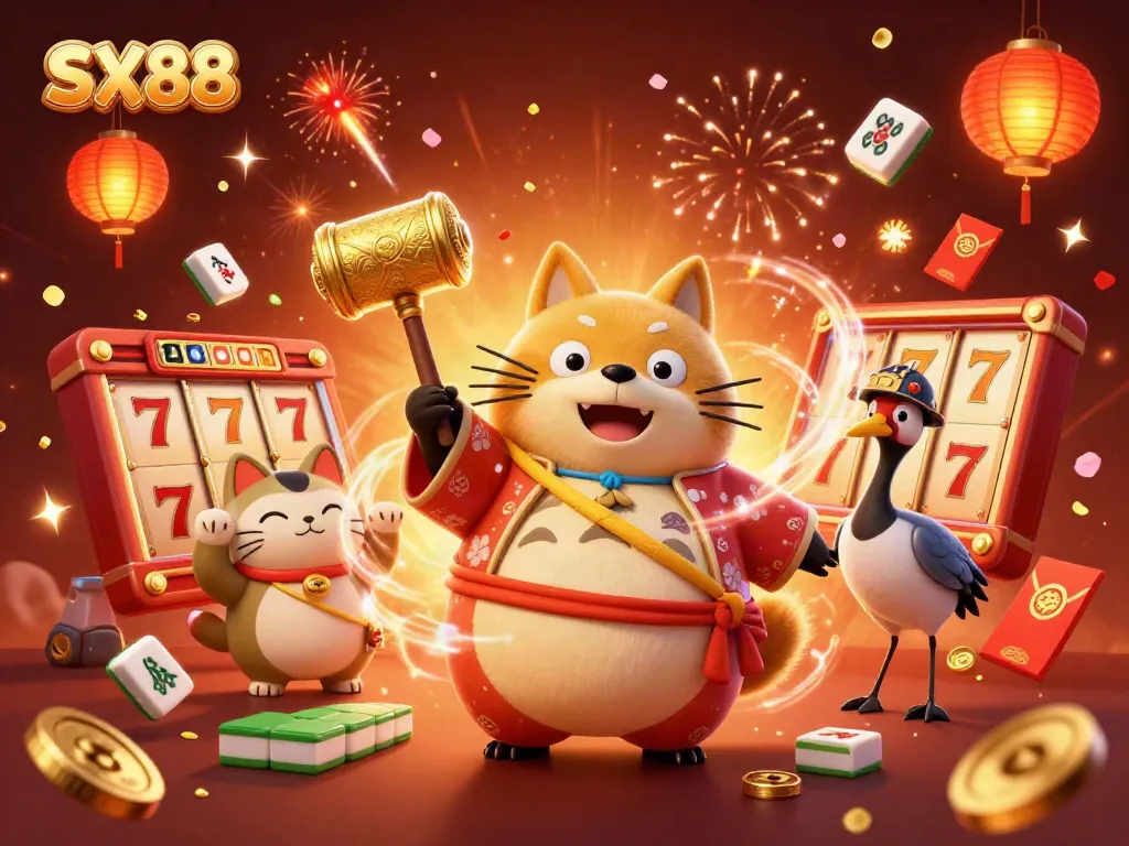 SX88 features a festive casino scene with a cheerful tanuki, lucky symbols, and vibrant elements.